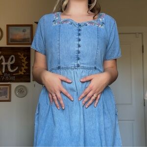 Vintage Denim Floral Embroidered Midi Dress